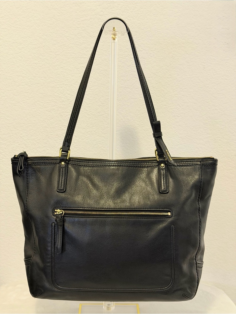Coach | Classic Black Leather Tote Bag with Front Zip Pocket